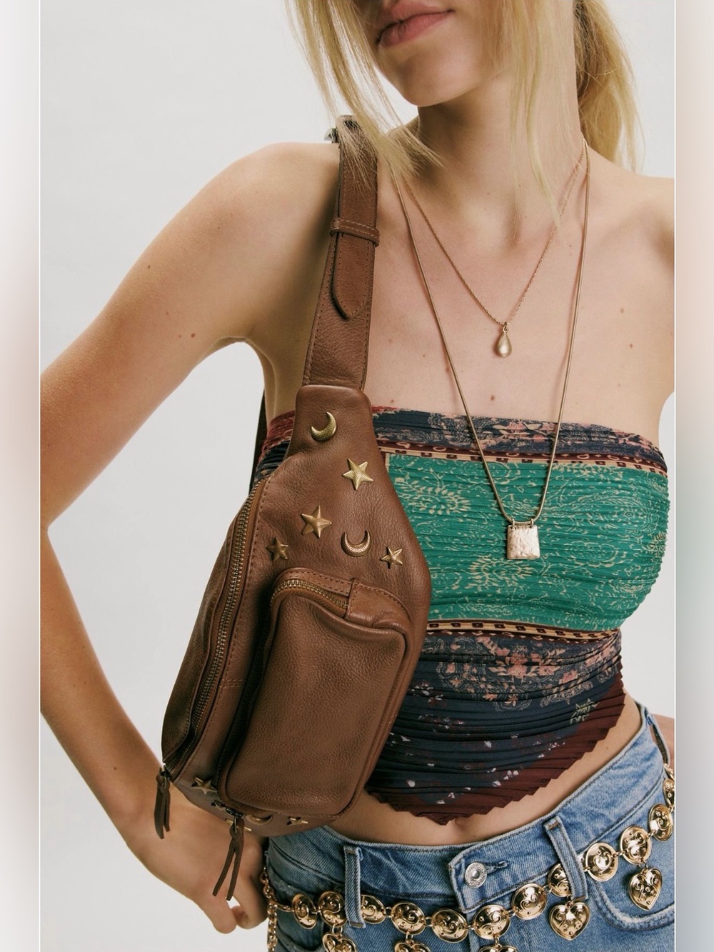 NWT Free People Celestial Studded Leather Sling Bag Fanny Pack in Cognac Brown